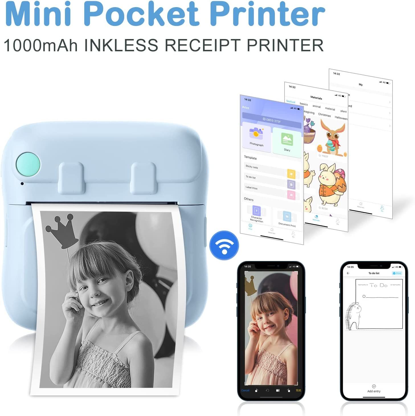 Mini Printer Portable, Bluetooth Pocket Thermal Printers with 7 Rolls  Printing Paper for Smartphone, Inkless Printing Gift for DIY Label Receipt  Photo
