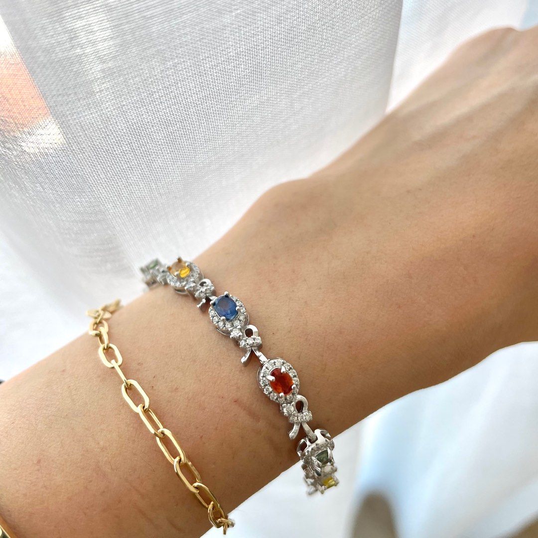 Natural rainbow sapphire tennis bracelet in S925 Rhodium plated