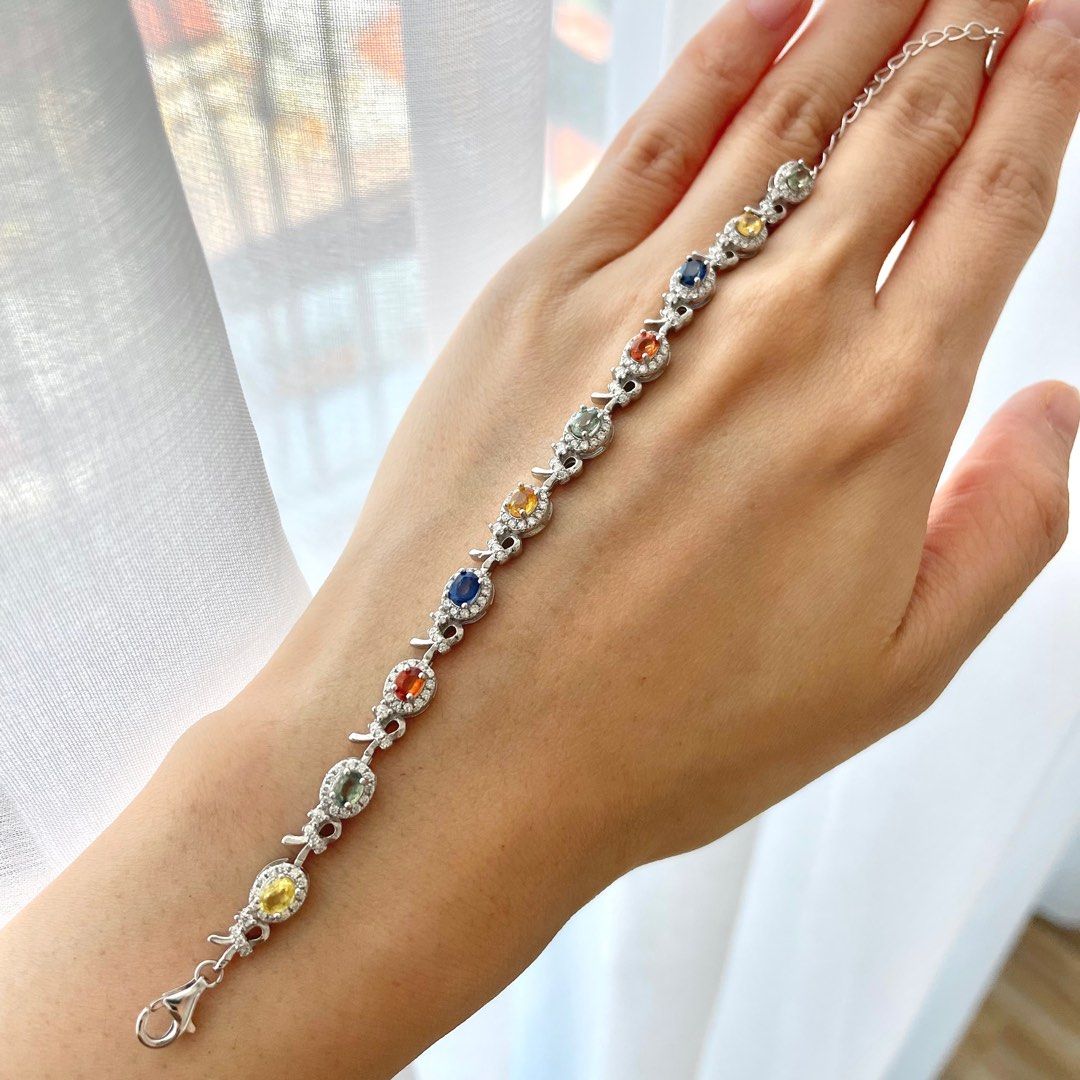 Natural rainbow sapphire tennis bracelet in S925 Rhodium plated
