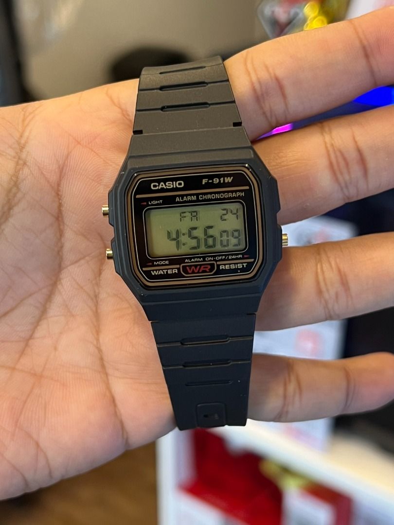 ORIGINAL CASIO Digital Gold Lining Black Resin Band Unisex Watch F91WG 9