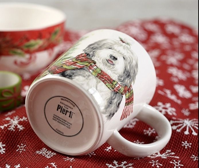 Pier Imports English Sheepdog with scarf and Christmas tree