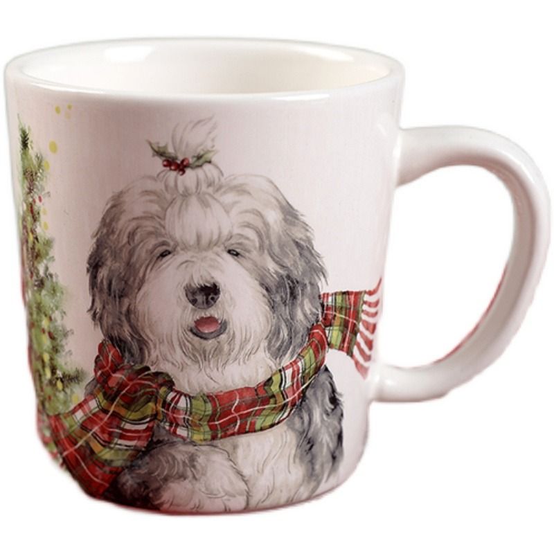 Pier Imports English Sheepdog with scarf and Christmas tree