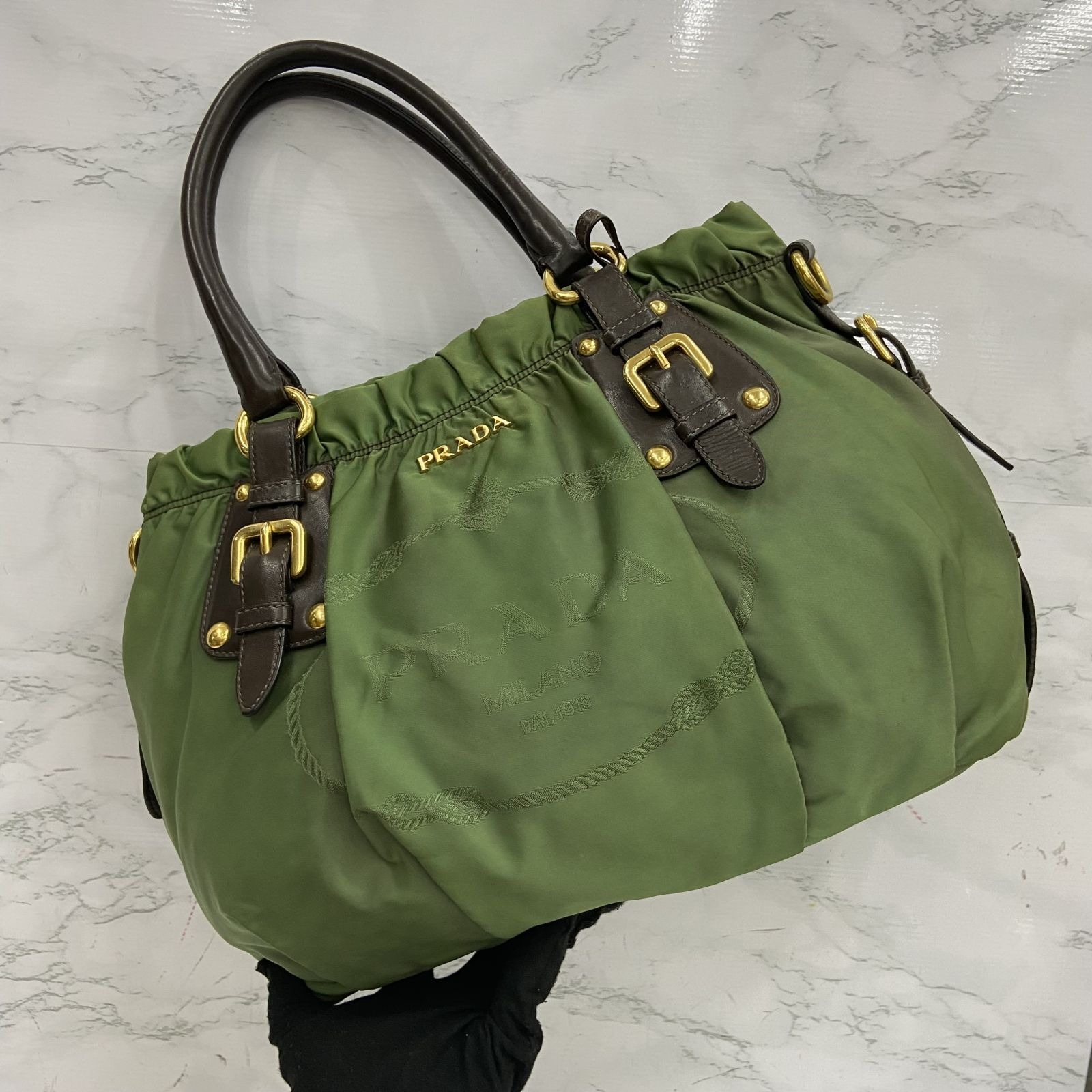 PRADA-Nylon-Leather-2Way-Bag-Hand-Bag-Green-BN1052