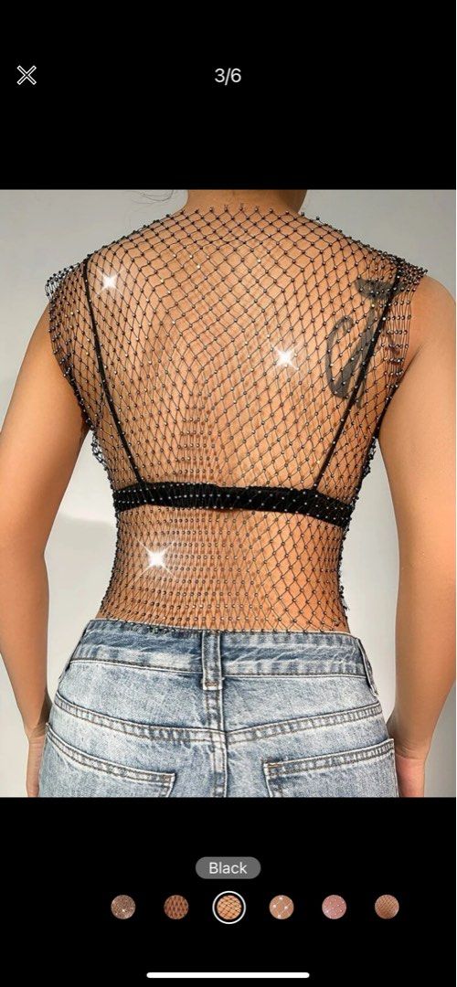 rhinestone fishnet top and bottom black medium on Carousell