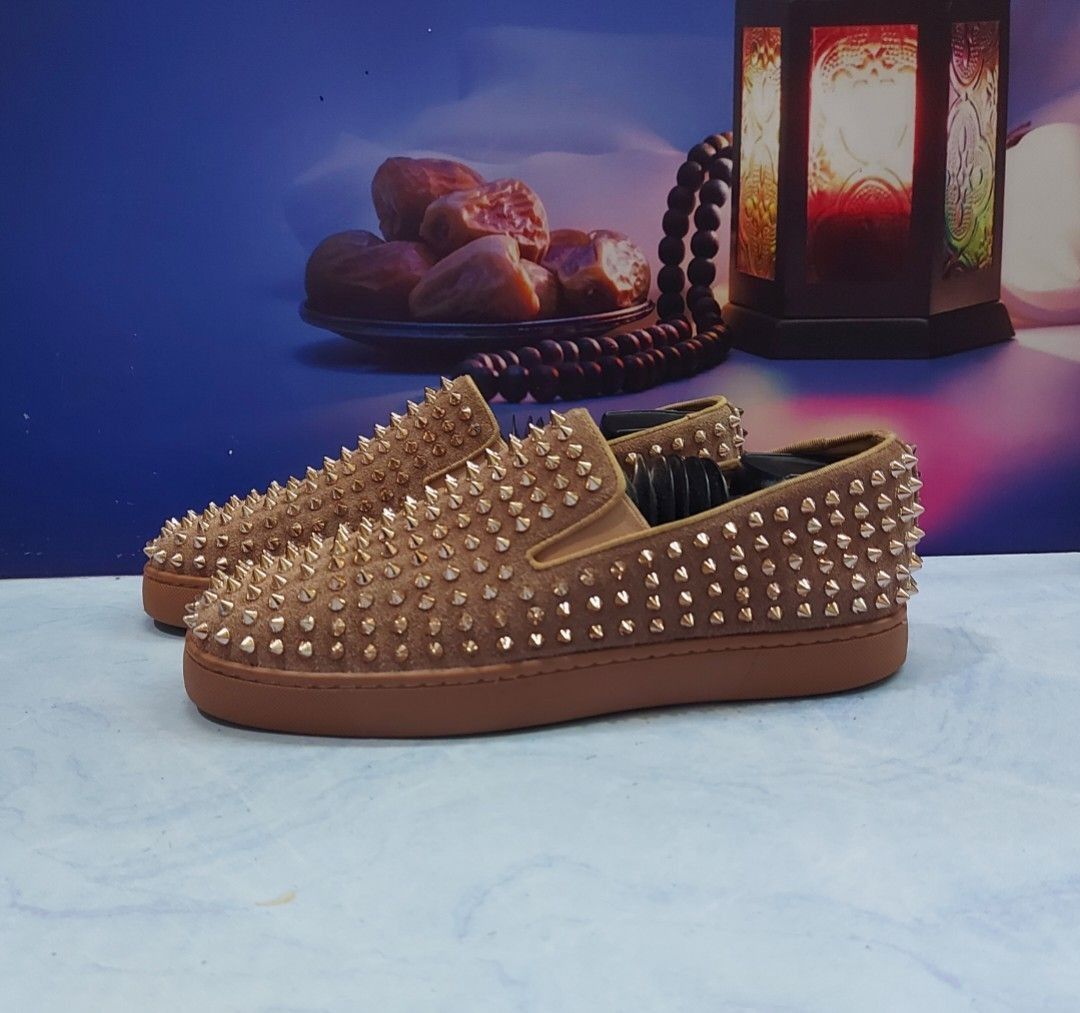 Sepatu Christian Louboutin Roller Boat Slip On Spikes Brown Gold Size 42