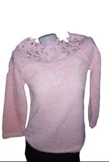 Baby Pink Stitching Lace 
Long Sleeve Sweater 
Top For Womens