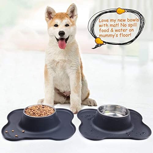 1pcs Dog Bowls with Mat, Cat Water Food Bowl Set in No Spill Silicone Mat,  Dual Pet Feeder Bowl for Puppy, Cats, Small Medium Dogs (Bone Shape, Black)