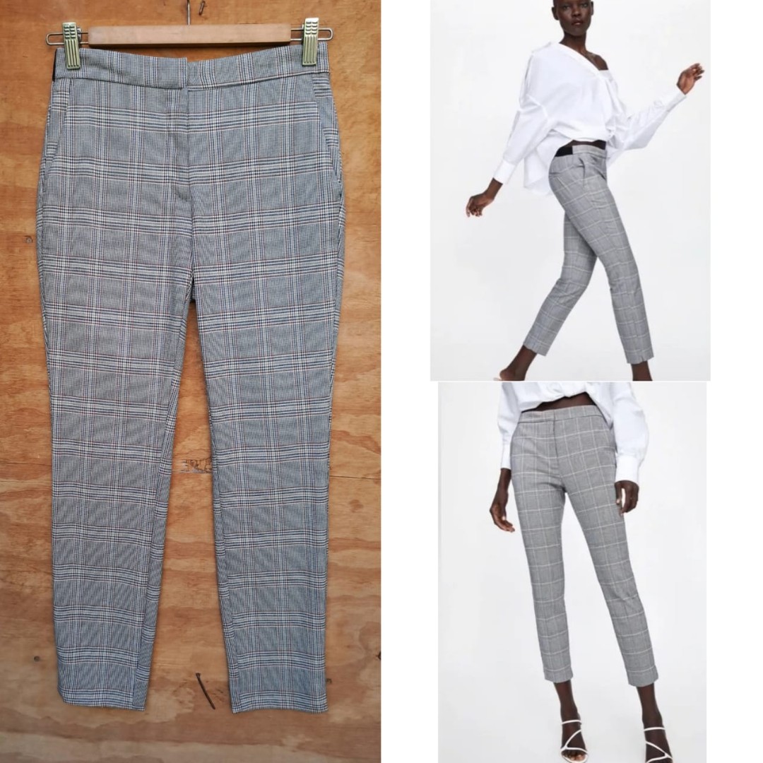 Zara Plaid Grey Slim Fit Pants Trousers, Women's Fashion, Bottoms