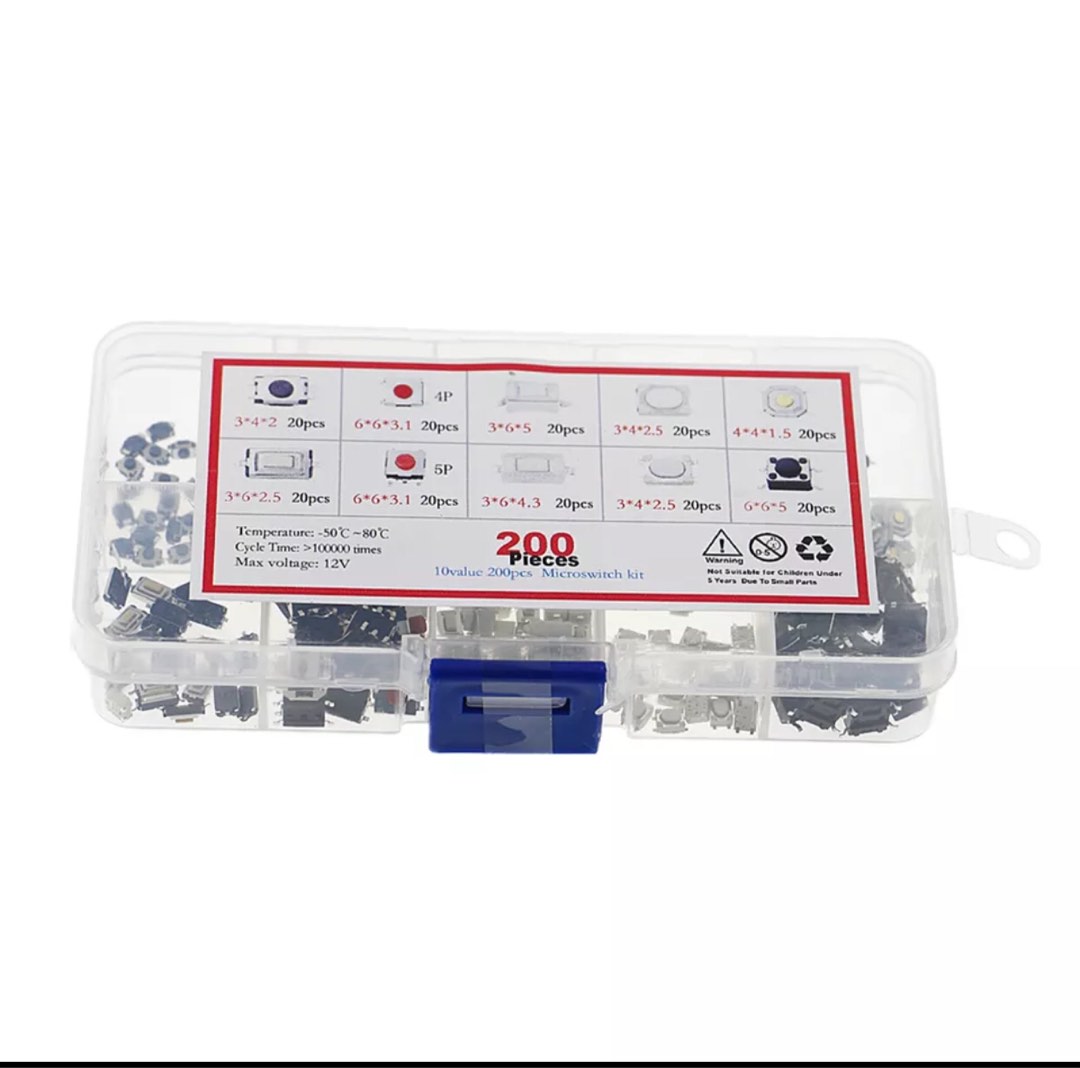 250-Piece Micro Button / Switch Assortment - 10 Types, For Remote Controls, Keypads, SMD