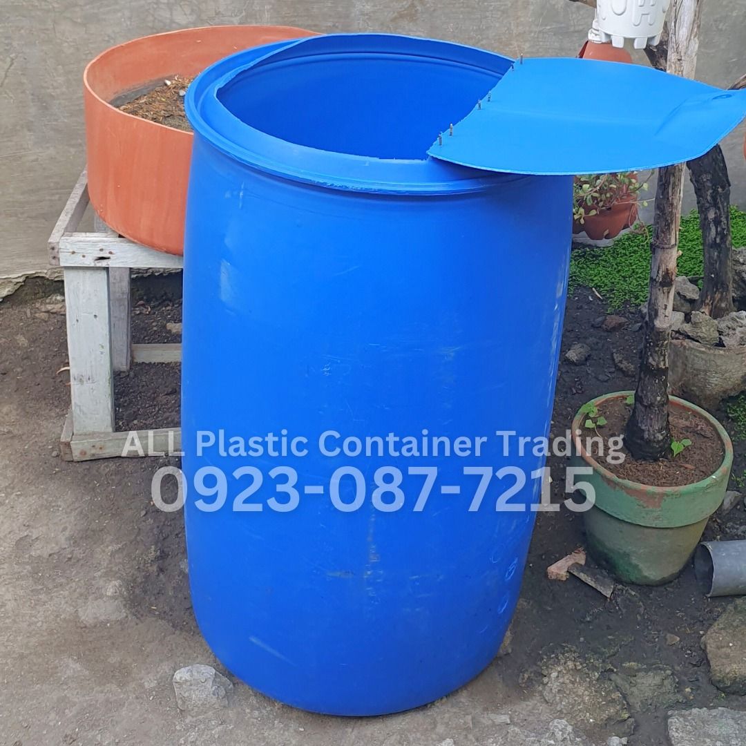 55 Gallon Blue Plastic Drum 200 Liter Open Head with Hinge, Furniture