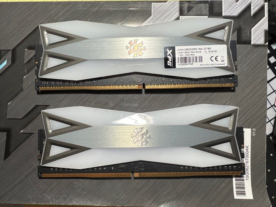 ADATA XPG D60G 3600MHZ 8GBx2 (16GB) RAM (Category: Computer Parts) located in Manila. Submitted by benz1513 (Listing ID 1236898529, Image 2). Description: Selling my xpg d60g ram kit. I have recently upgraded to a 32gb ram kit so I’m selling this one. Specs XPG D60G 3600MHZ 8GB X 2 (16GB Total) Timings 18-20-20 S/N can be seen in the pictures Feel free to msg me for questions or inquiries!.