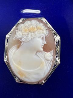 Available - Antique Victorian cameo brooch in 14k white gold (tested by the supplier in the US) Hand-carved shell cameo is bezel-set. Very fine filigree work and hand-carved details on the frame. From the early 1900's.