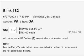 Blink 182 pit tickets for the 27th