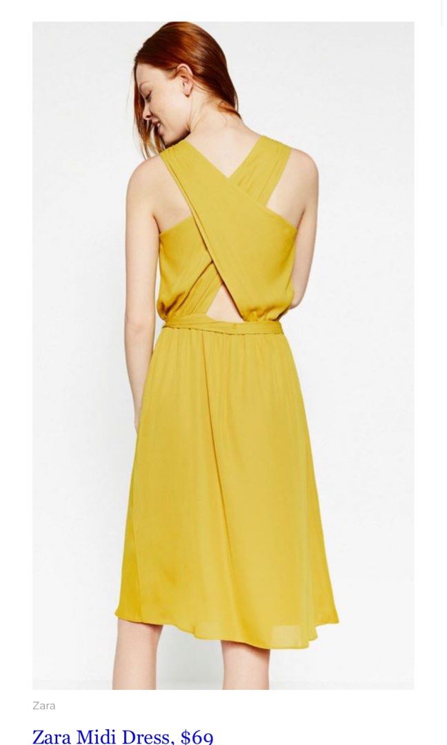 BN Zara Midi Cross Back Yellow Dress, Women's Fashion, Dresses