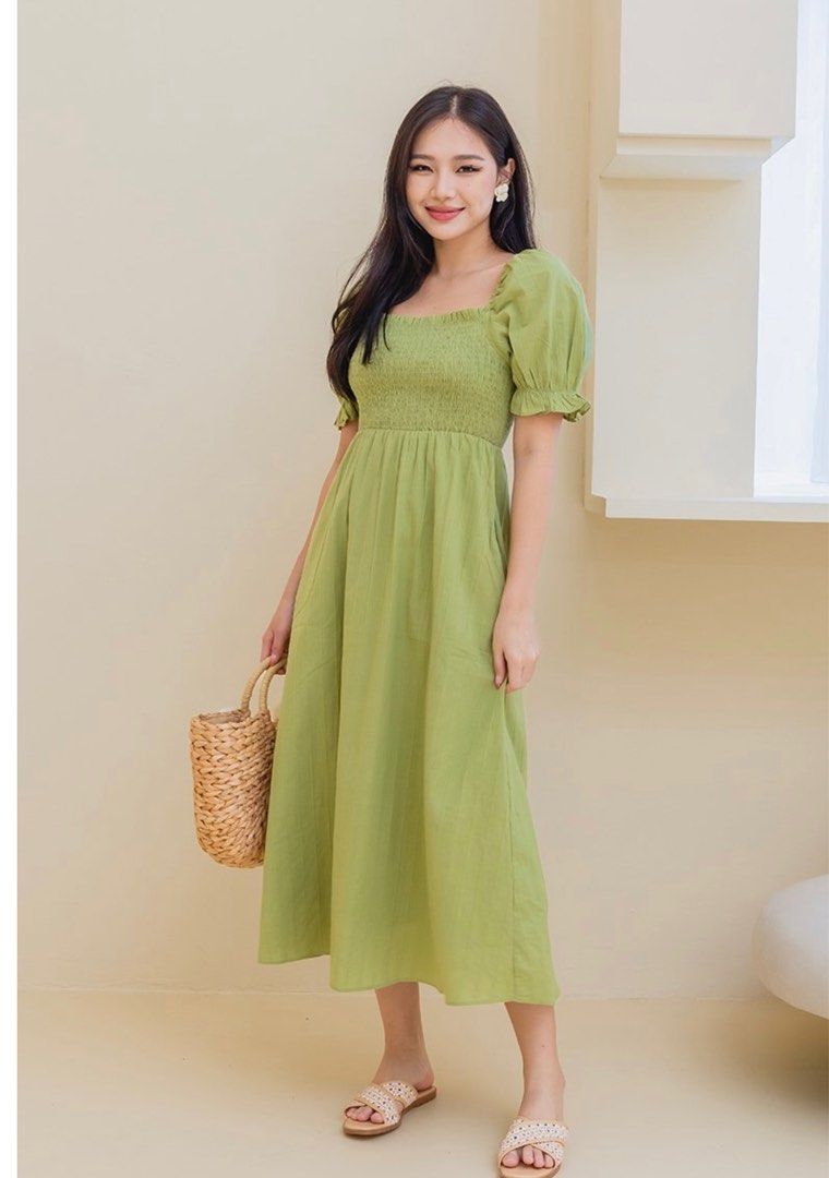 BNWT FlyMeToParis Ariana Cotton Smocked Dress in Moss Green (Size