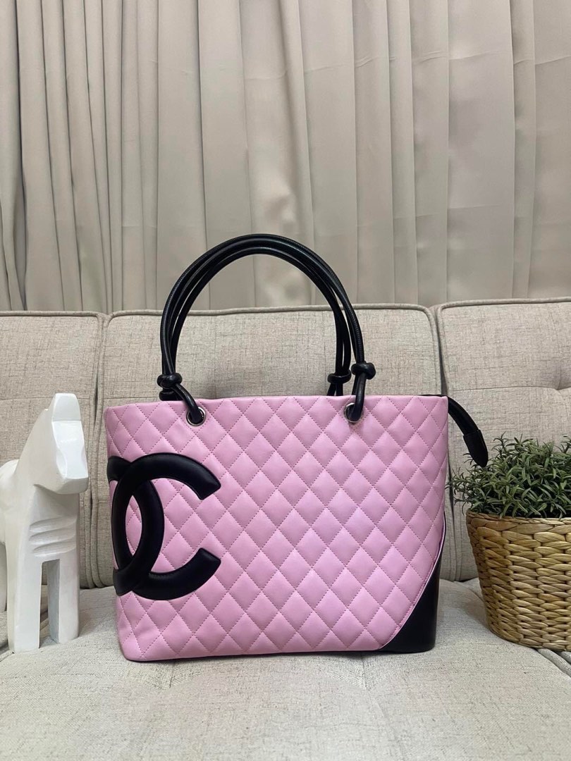 Authentic Chanel Tweed Tote Bag Cambon Line Black Pink Color