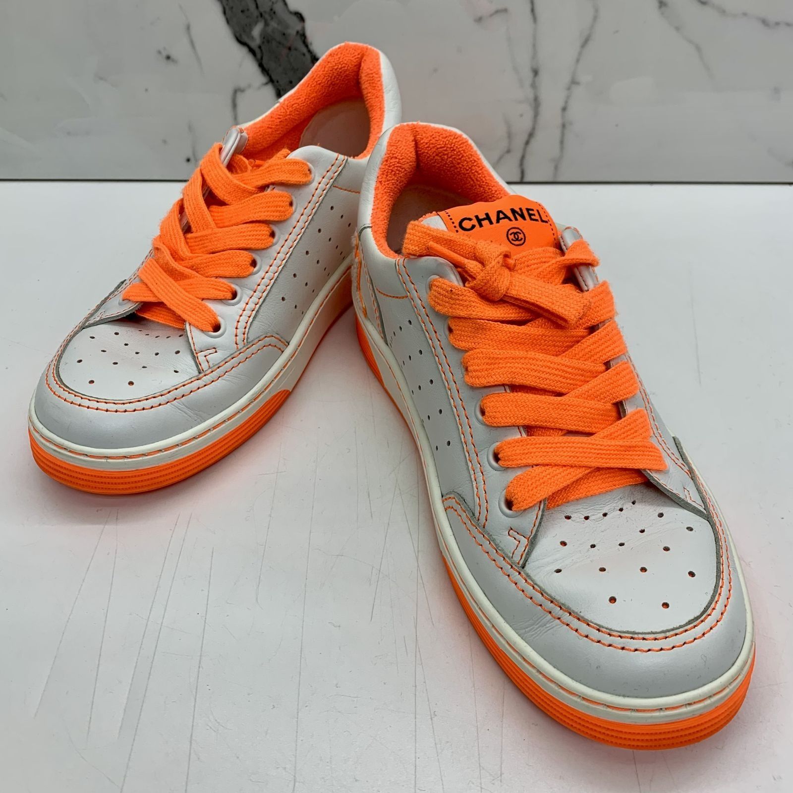 Chanel white and orange sneakers cheap