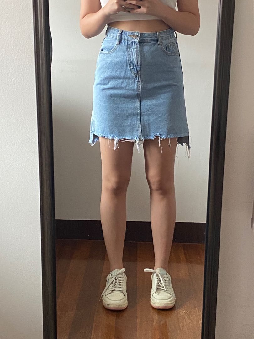 Denim Skirt Blue Asymmetric (Category: Skirts) located in Malabon City. Submitted by kinda____cool (Listing ID 1236823272, Image 2). Description: Denim Blue Asymmetric Skirt (flat lay) waist: 13.5 hips: 18 front length: 16 back length: 18.5.