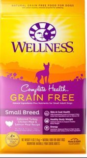 Dog food dry grain free Wellness complete health for small breed turkey, chicken and salmon