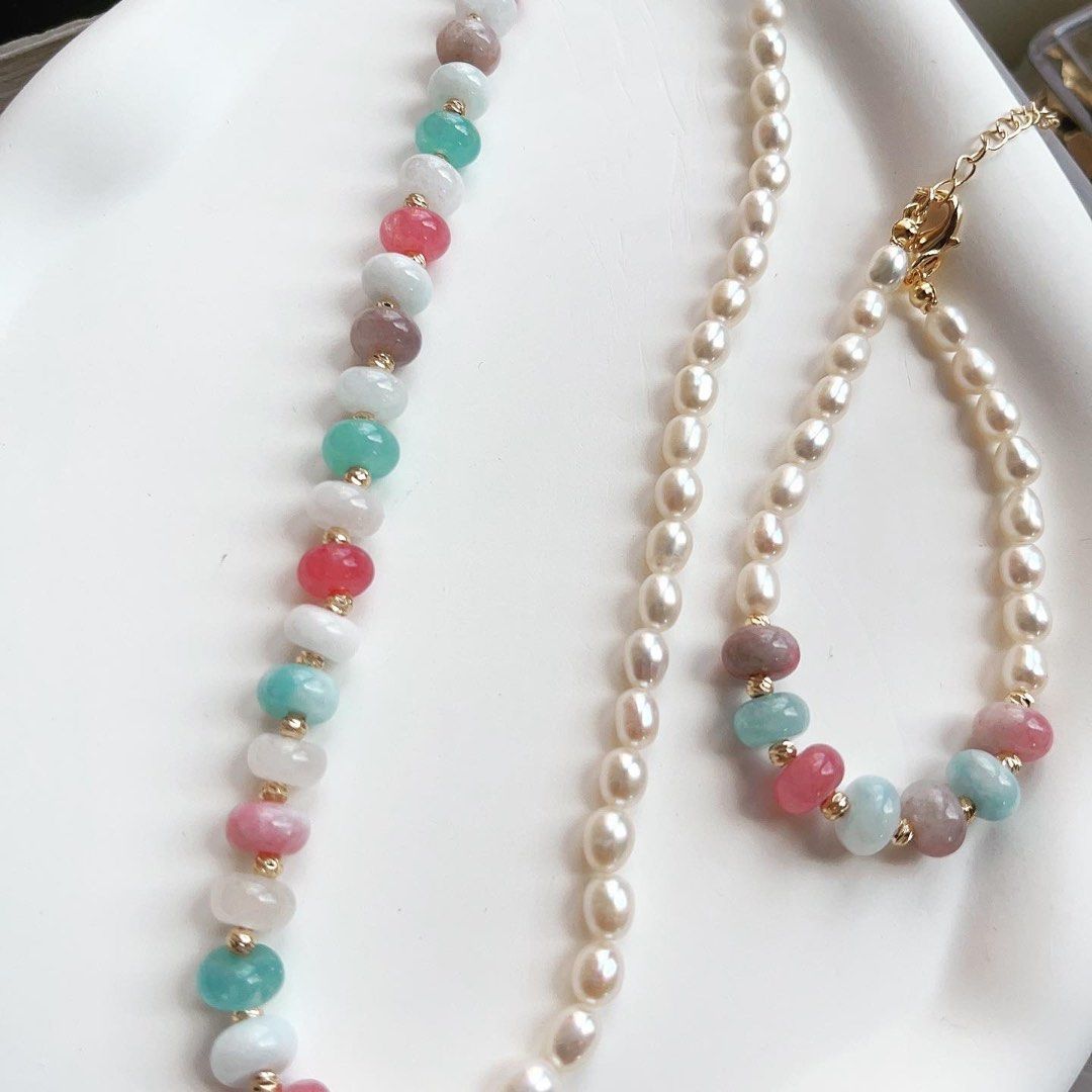 NY Sale Freshwater Pearl Jade Necklace Bracelet Set Colorful Jade