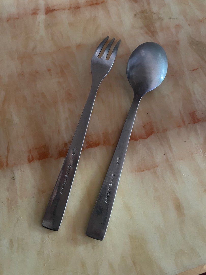 Givenchy tea spoon and tea fork set (Category: Dinnerware & Cutlery) located in Manila. Submitted by aneajmik (Listing ID 1236825641, Image 2). Description: Can be use as cocktail and dessert utensils too. Original! Well loved! Signs of usage but still looks nice! Authentic Givenchy stainless steel..