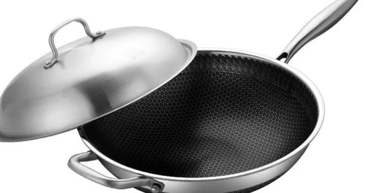 Potinv Hybrid Stainless Steel Wok with Stay Cool Handles 12 Inch,Non-Stick,  Dishwasher and Oven Safe, Works with Induction, Ceramic, Electric, and Gas