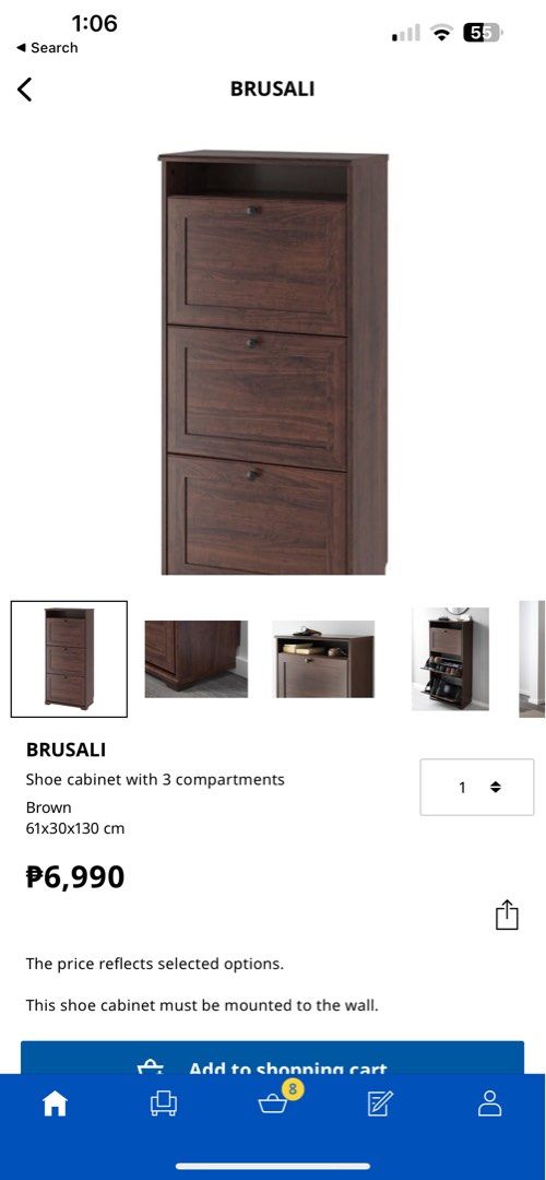 BRUSALI shoe cabinet with 3 compartments, white, 61x30x130 cm - IKEA