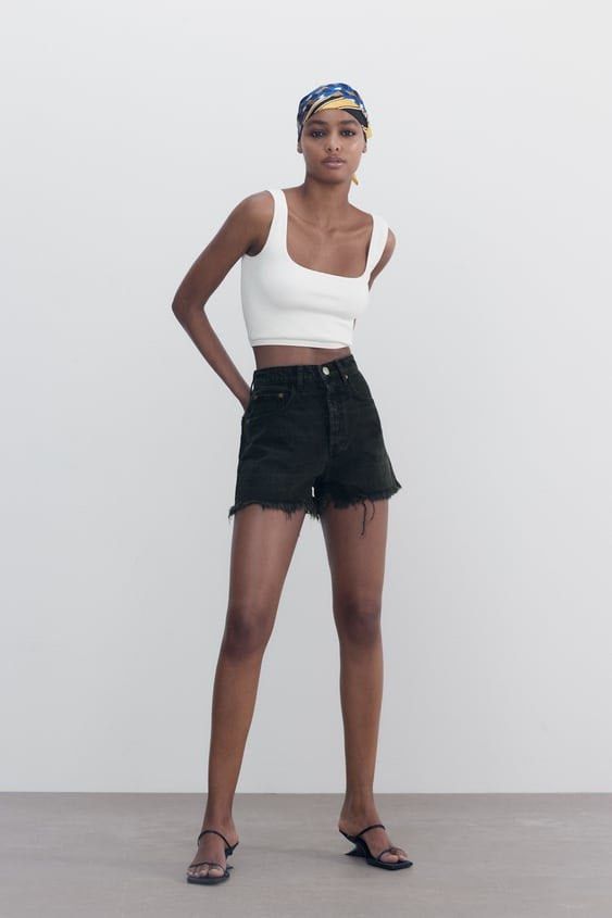 Original Zara high waist washed black button fly denim shorts