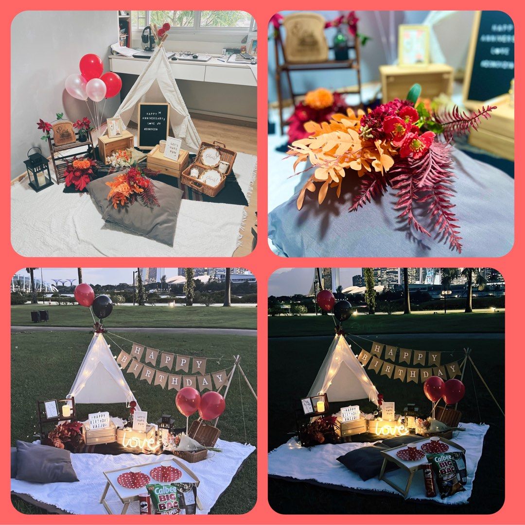 Picnic Set Up Rental🤍Green/Autumn/White & Blue/White & Gold/Bohemian/Pink theme setup for Birthday/Anniversary/Bridal shower/Proposal/Gender reveal🌈Teepee | Balloon | Mat | Crates | DIY board | Lantern | LED photo clip | Basket | Serving tray | Banner (Category: Event & Party Services) located in Singapore. Submitted by aa_picnicsg (Listing ID 1104473062, Image 3). Description: 🥳𝙁𝙪𝙨𝙨-𝙛𝙧𝙚𝙚 𝙥𝙞𝙘𝙣𝙞𝙘 𝙥𝙡𝙖𝙣𝙣𝙞𝙣𝙜! Engage us for se