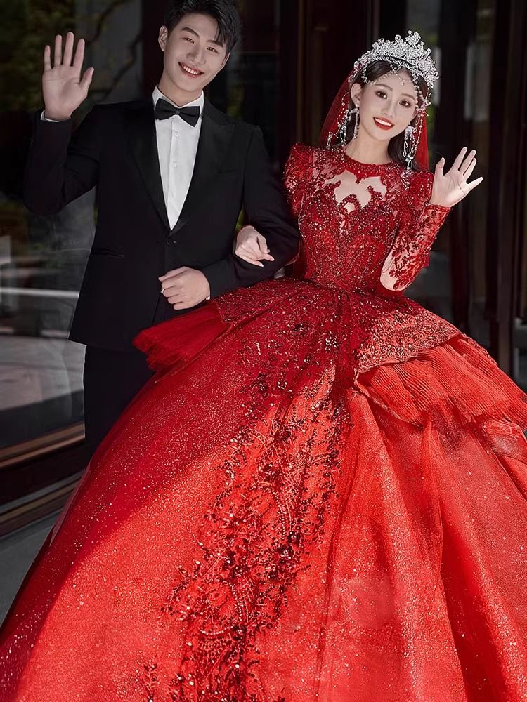 Pre order red long sleeve glitter fishtail wedding prom evening