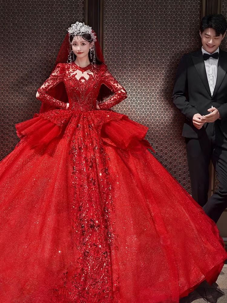 Pre order red long sleeve glitter fishtail wedding prom evening dress gown RBP1786
