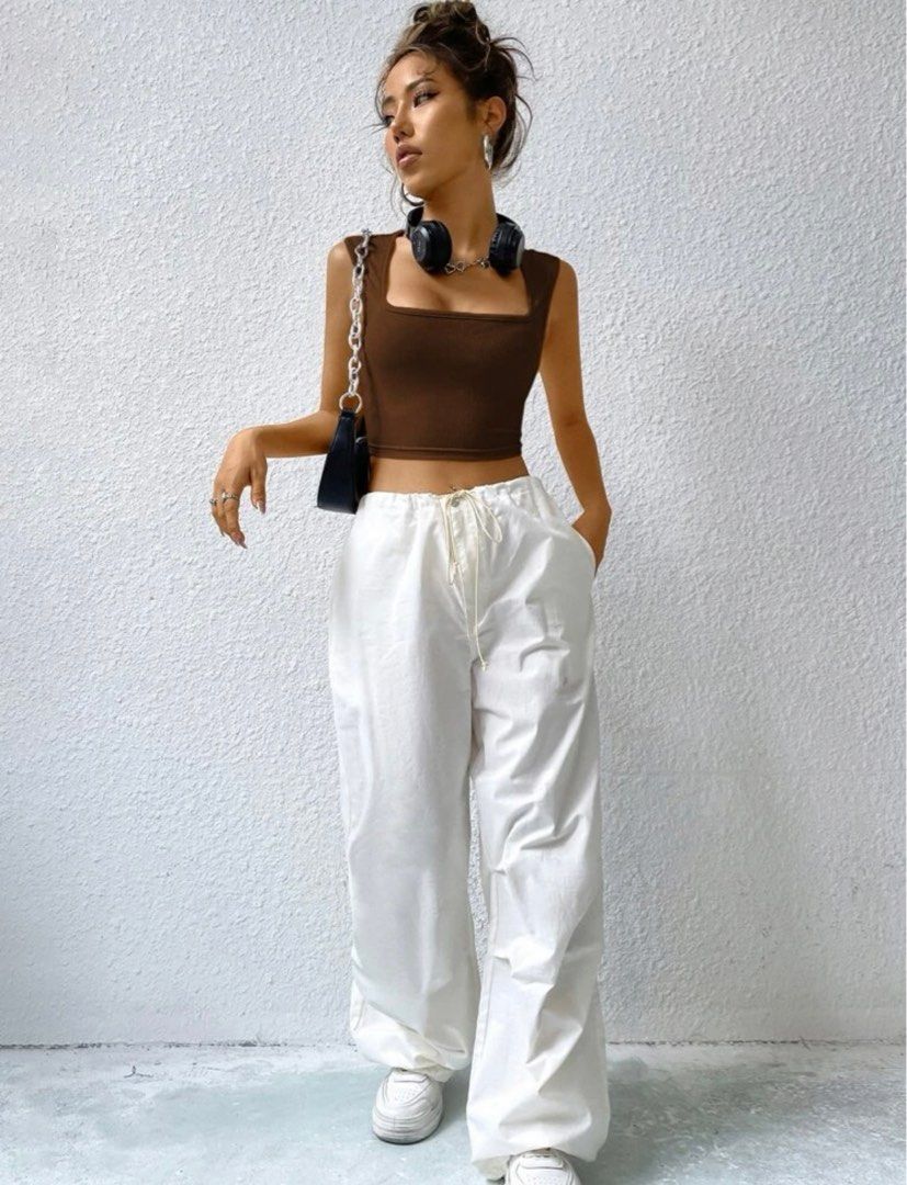 Shein one set ribbed knit crop top & flap pocket cargo pants