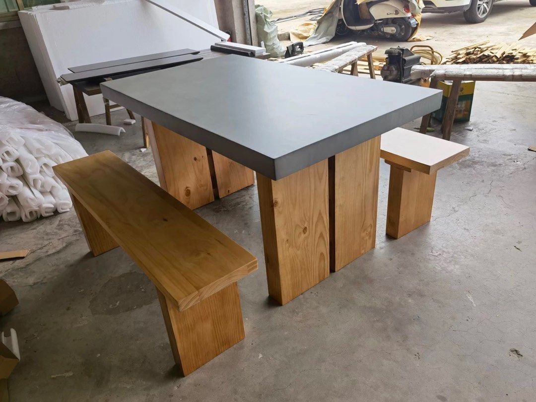 Solid Wood Dining Table (Category: Tables & Sets) located in Singapore. Submitted by mirumiru123 (Listing ID 1236880618, Image 1). Description: Table :H81.5 W89 L152 *thickness8cm Stool : 140*30*48 Self collect only table $490 Set is $580, fabricate but after that release not suitable my house .