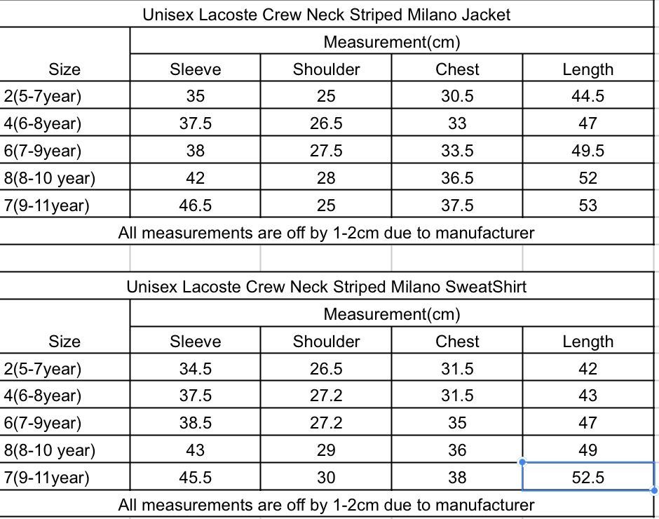 Lacoste unisex size chart on sale