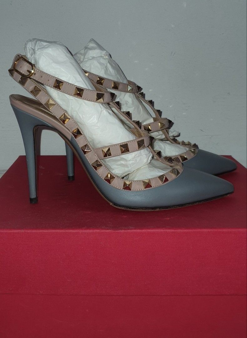 VALENTINO ROCKSTUD ANKLE STRAP PUMP 100 MM MATTE BLUE GREY, Luxury