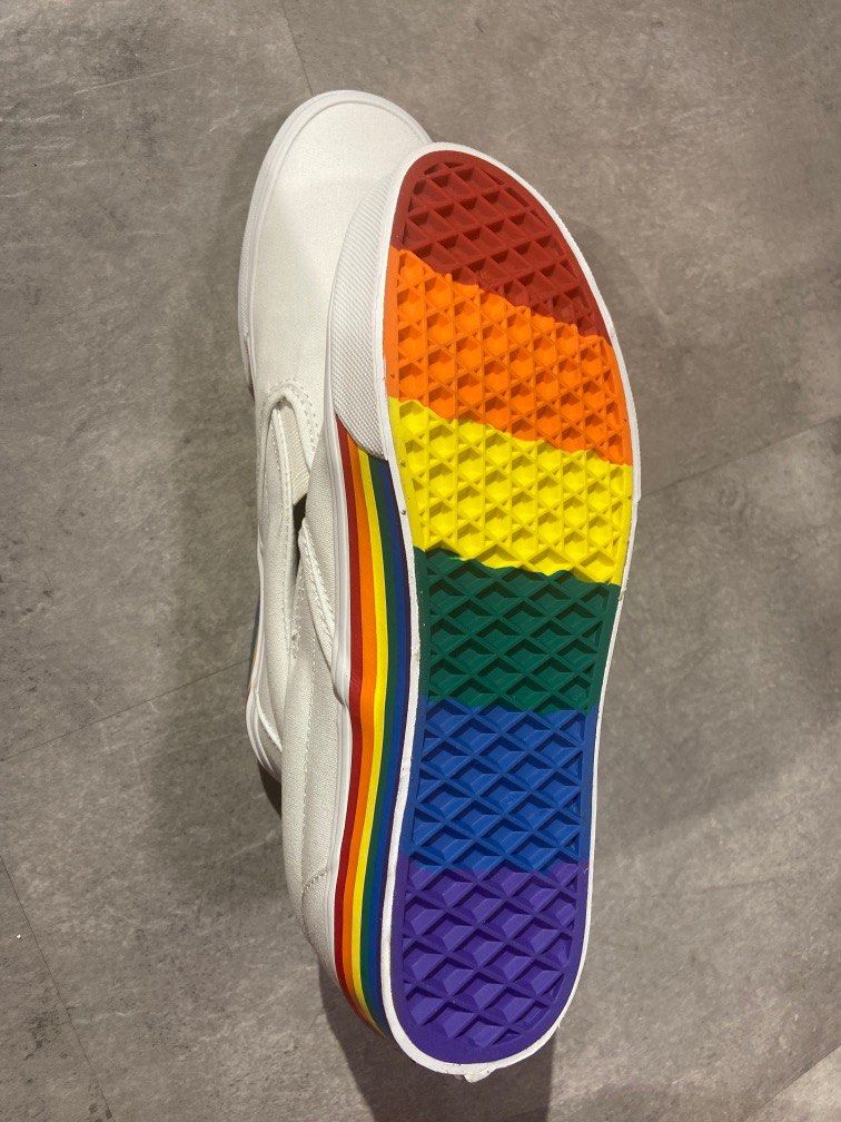 White slip on discount vans with rainbow bottom