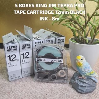 5 BOXES KING JIM TEPRA PRO TAPE CARTRIDGE 12mm BLACK INK - 8m