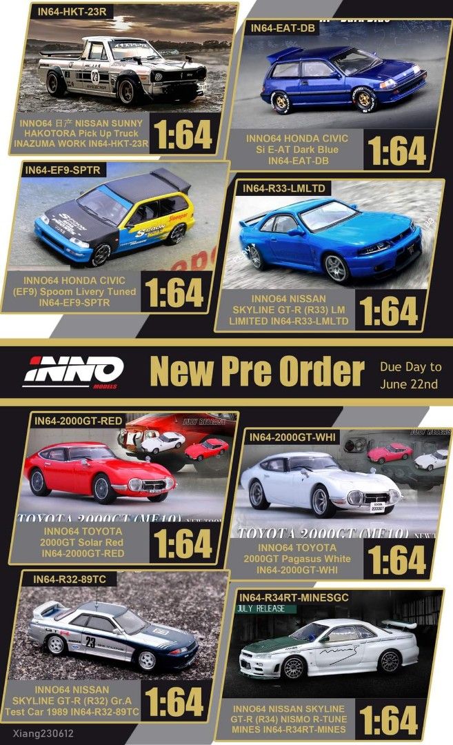預訂 Pre-Order INNO 1:64 NISSAN SUNNY SKYLINE GT-R R34 R33 R32HONDA CIVIC ...