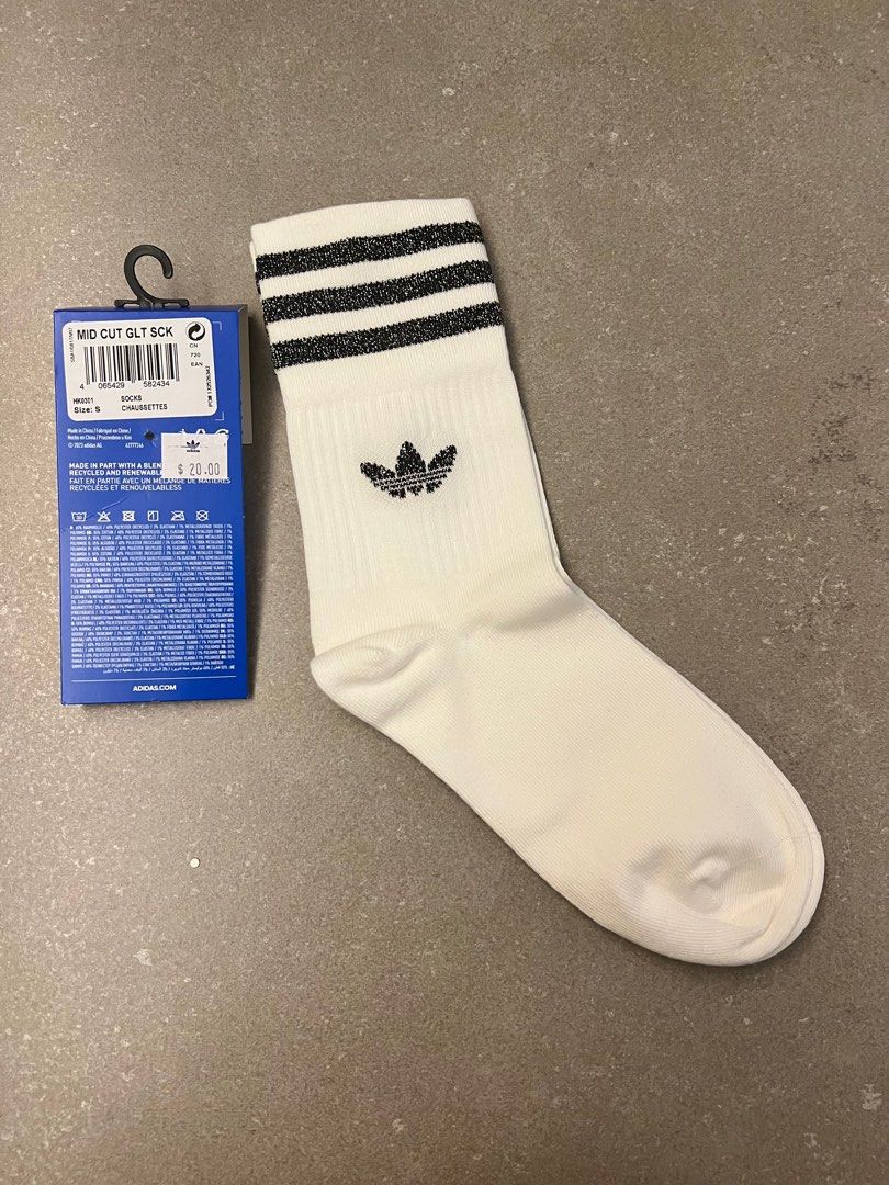 Adidas mid cut white socks with shimmery black logo 3 stripes