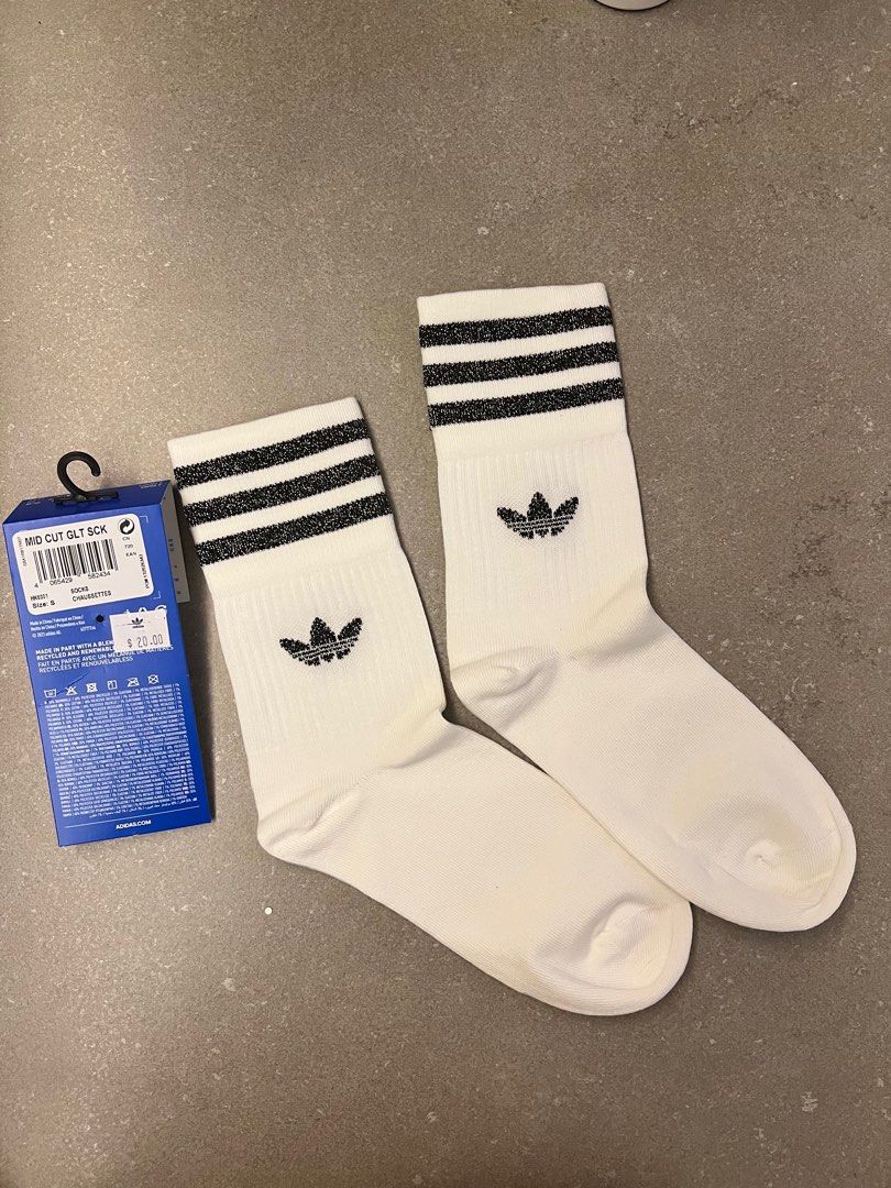 Adidas mid cut white socks with shimmery black logo 3 stripes