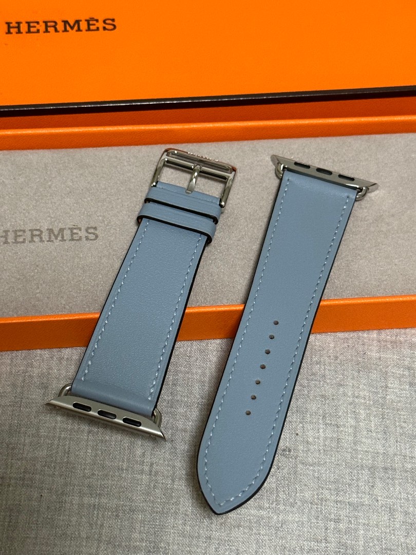 原裝Apple Watch Hermes 愛馬仕single tour 淺藍色真皮錶帶45mm, 名牌