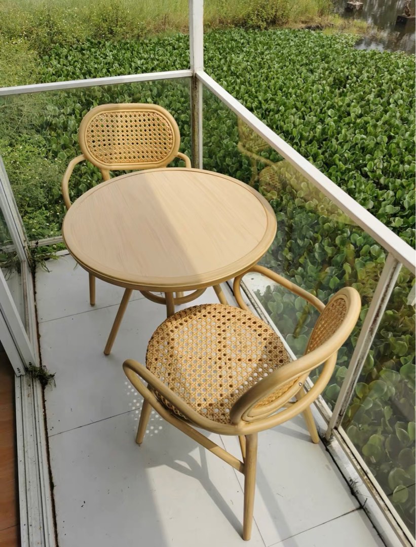 Balcony Outdoor Table Set with 2 Chairs (rattan lounge wooden