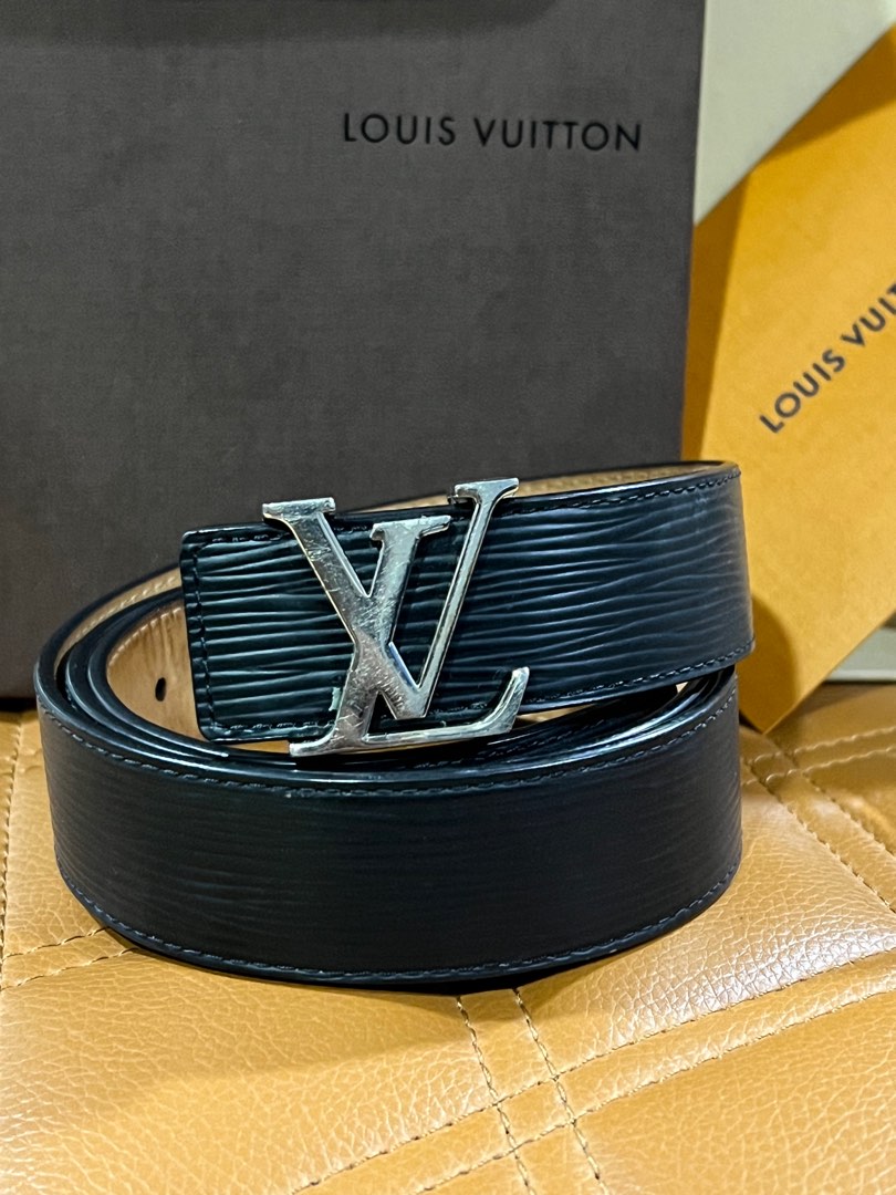 LOUIS VUITTON Black Leather Buckle Belt with Gold LV Logo Size 85 CM Length  
