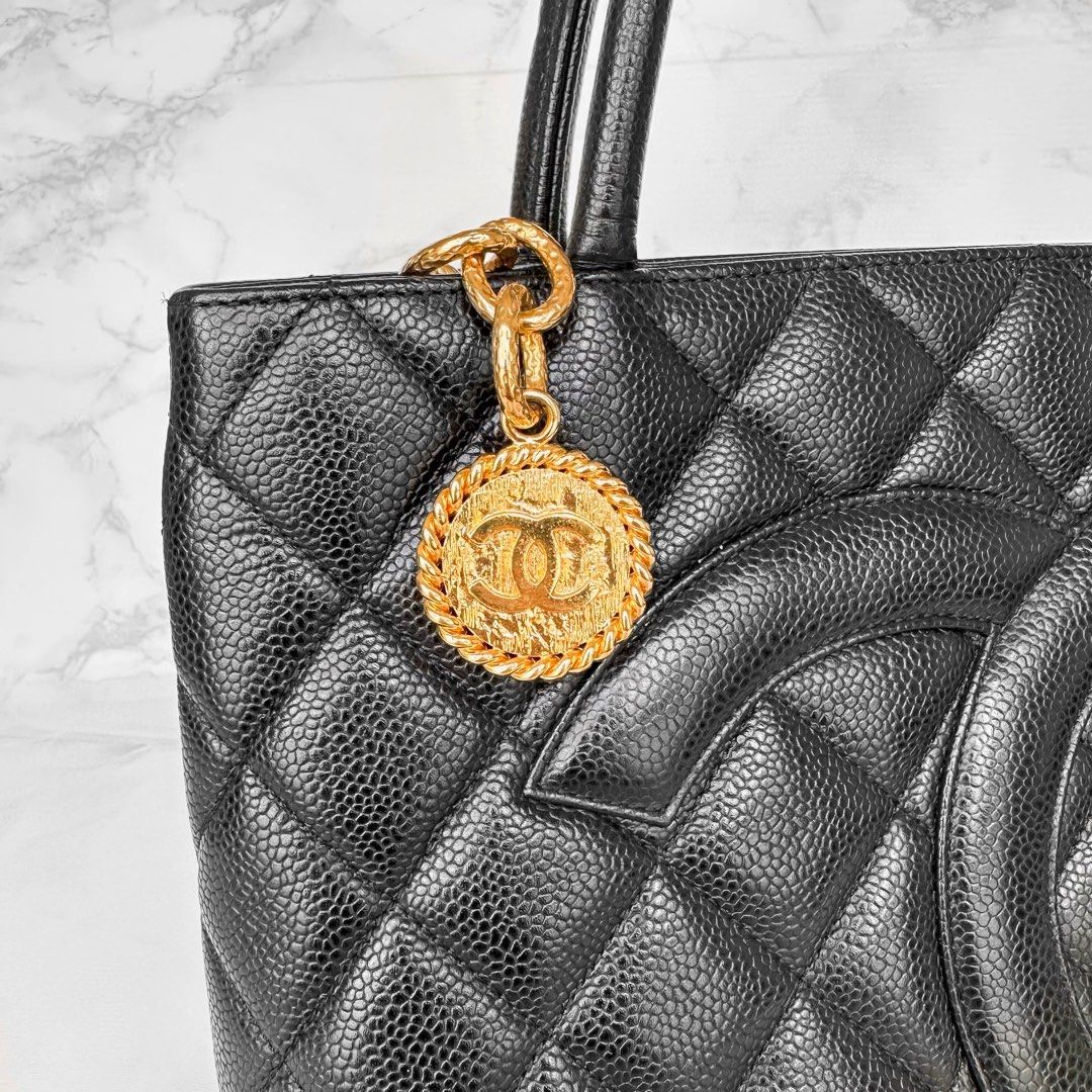 Chanel Vintage Black Quilted Caviar Medallion Tote Gold Hardware