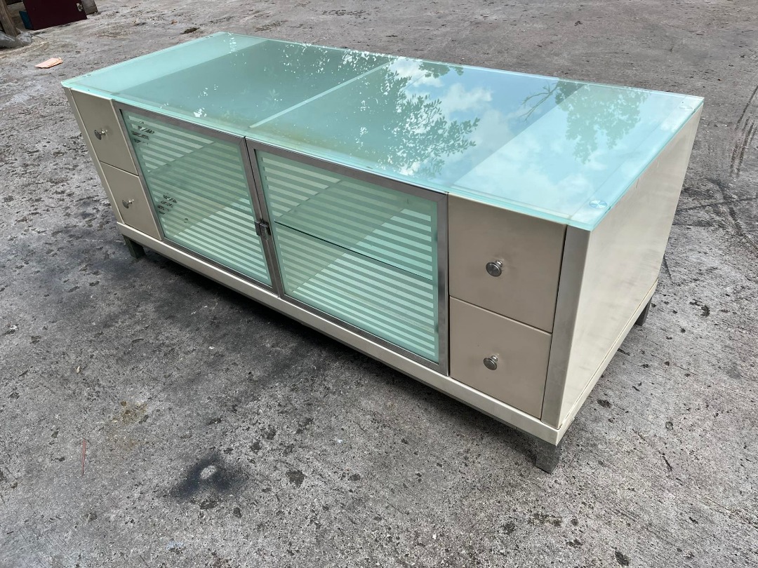 Glass Top TV Rack Console Drawer, Furniture & Home Living