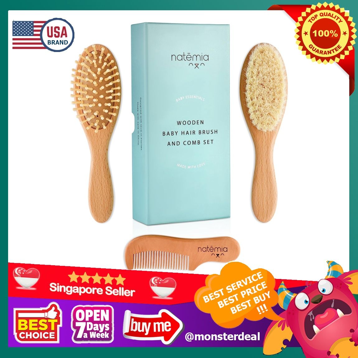 Natemia Premium Wooden Baby Hair Brush and Comb Set Natural Soft Bristles Ideal for Cradle Cap Perfect Baby Registry Gift