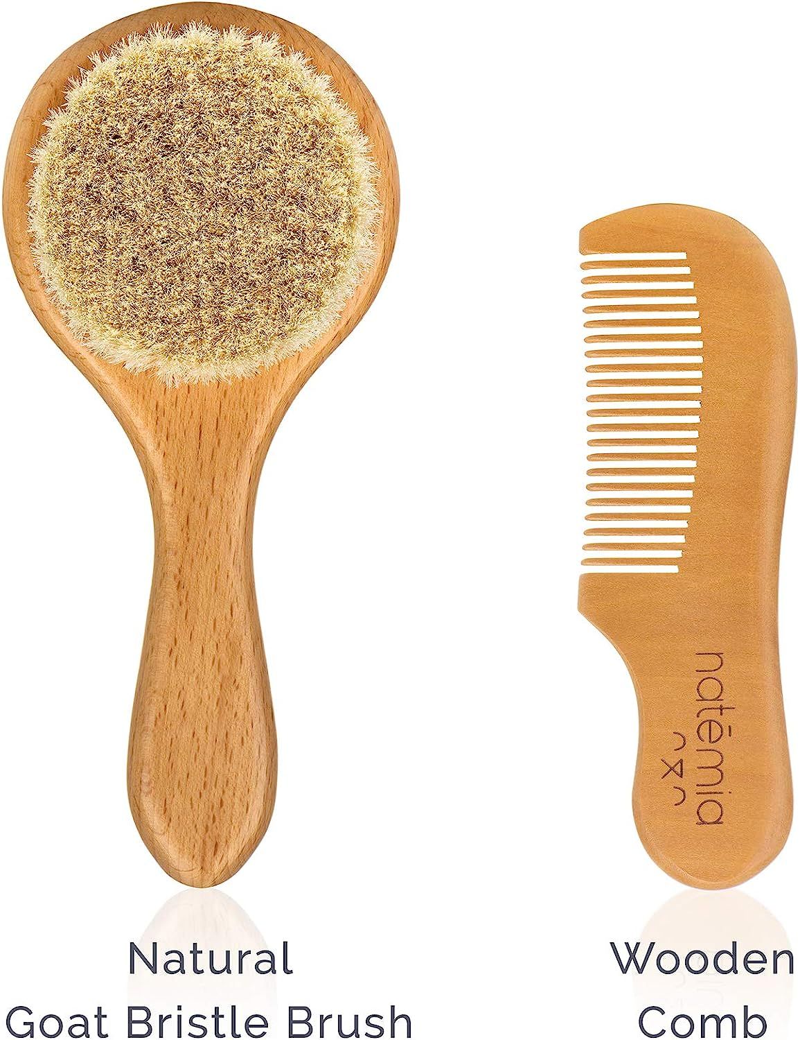 Natemia Wooden Baby Hair Brush and Teether Set for Newborns and