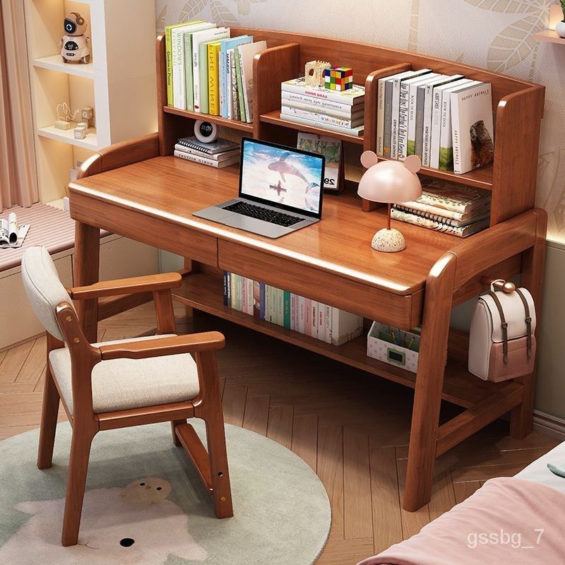 Solid Wood Bookshelf Integrated Table Kids's Study Desk Home