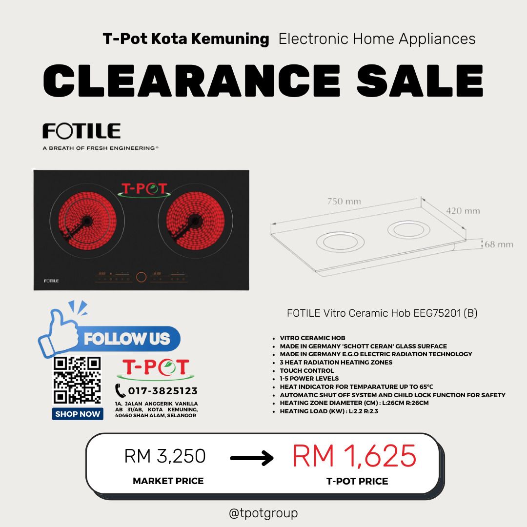 [Open Box Unit] Fotile EEG75201 Vitro Ceramic Electric Hob with Scott
