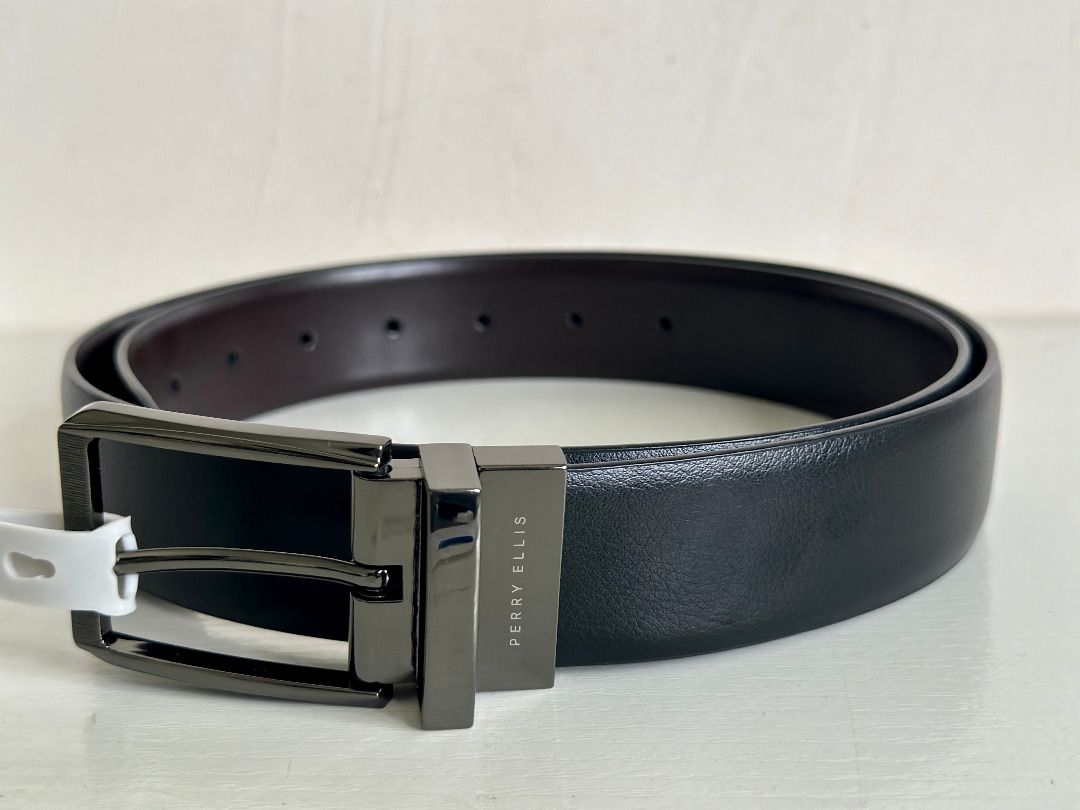 PERRY ELLIS PORTFOLIO REVERSIBLE BLACK / BROWN MENS LEATHER BELT